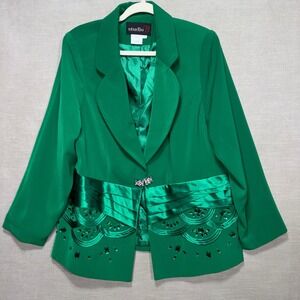 Vtg Studio B Green Rhinestone Satin Blazer 16W Wicked St Patricks Ugly Jacket